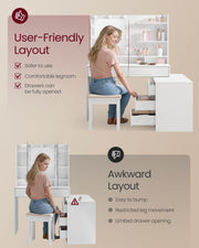 Adjustable Dressing Table with Mirror Drawers Built-in Power Outlets and 6 Drawer Dresser, White VASAGLE