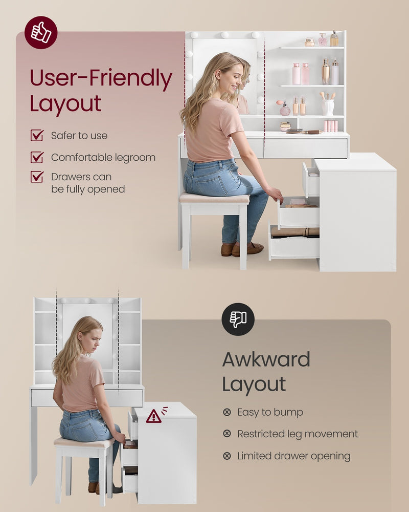 Adjustable Dressing Table with Mirror Drawers Built-in Power Outlets and 6 Drawer Dresser, White VASAGLE