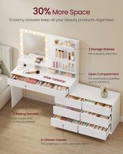 Adjustable Dressing Table with Mirror Drawers Built-in Power Outlets and 6 Drawer Dresser, White VASAGLE