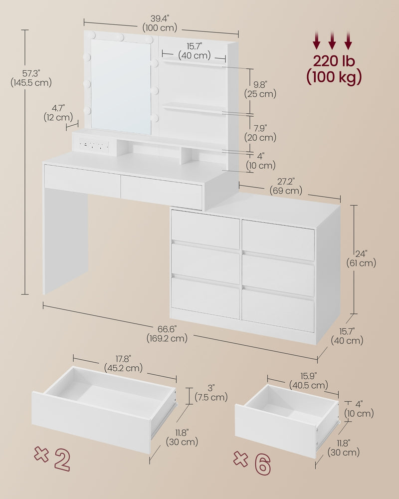 Adjustable Dressing Table with Mirror Drawers Built-in Power Outlets and 6 Drawer Dresser, White VASAGLE
