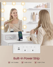 Adjustable Dressing Table with Mirror Drawers Built-in Power Outlets and 6 Drawer Dresser, White VASAGLE