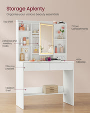 White Dressing Table with Mirror Lights 2 Drawers Shelves and Power Sockets VASAGLE