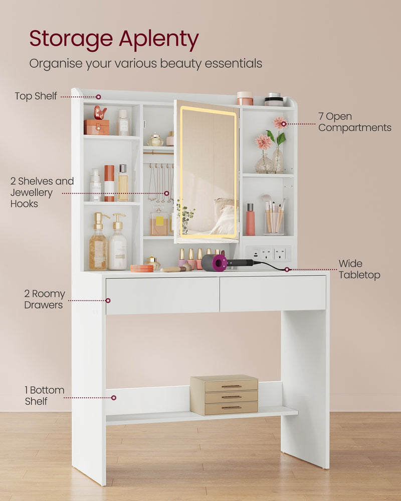 White Dressing Table with Mirror Lights 2 Drawers Shelves and Power Sockets VASAGLE