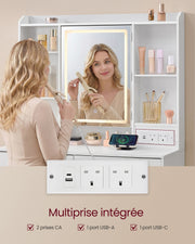 White Dressing Table with Mirror Lights 2 Drawers Shelves and Power Sockets VASAGLE