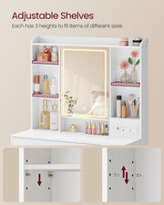 White Dressing Table with Mirror Lights 2 Drawers Shelves and Power Sockets VASAGLE