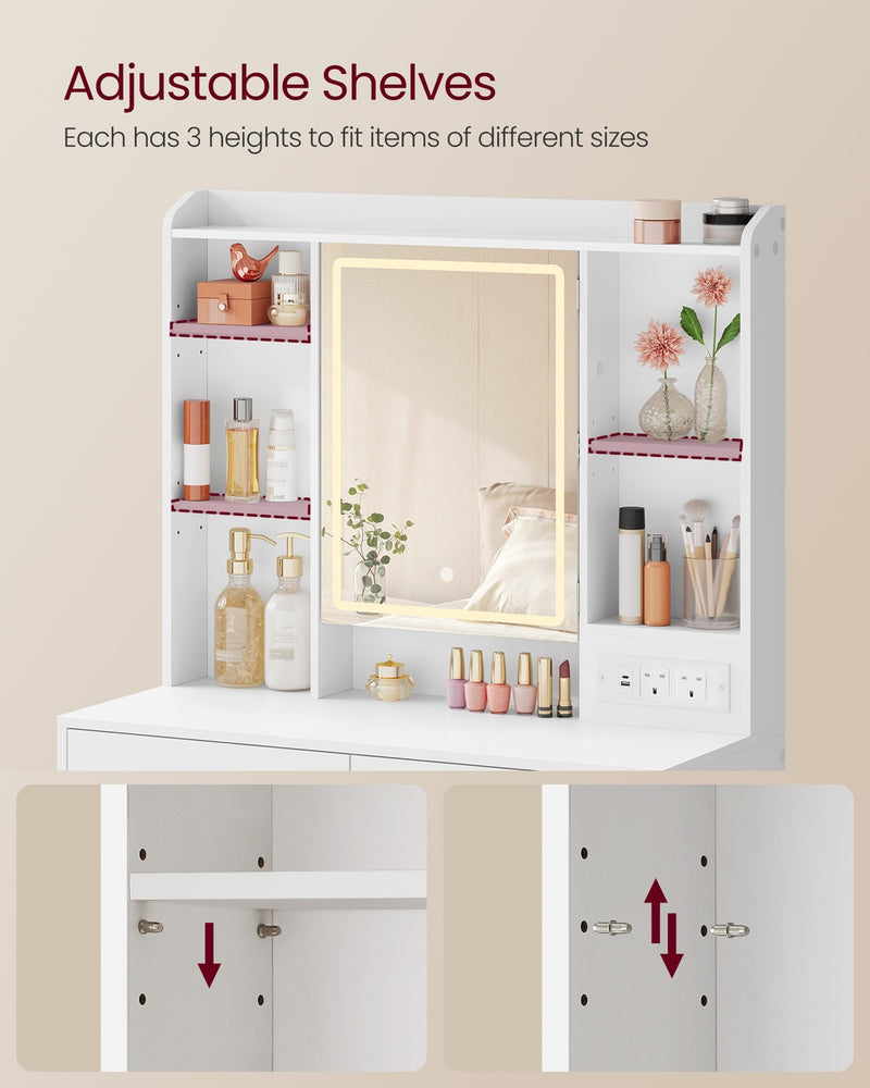 White Dressing Table with Mirror Lights 2 Drawers Shelves and Power Sockets VASAGLE