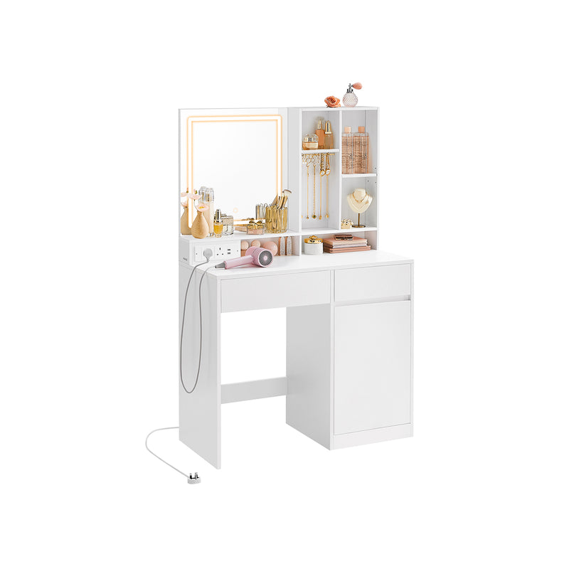 White Dressing Table with Mirror LED Lights and Power Outlets 90 cm Wide by Vasagle