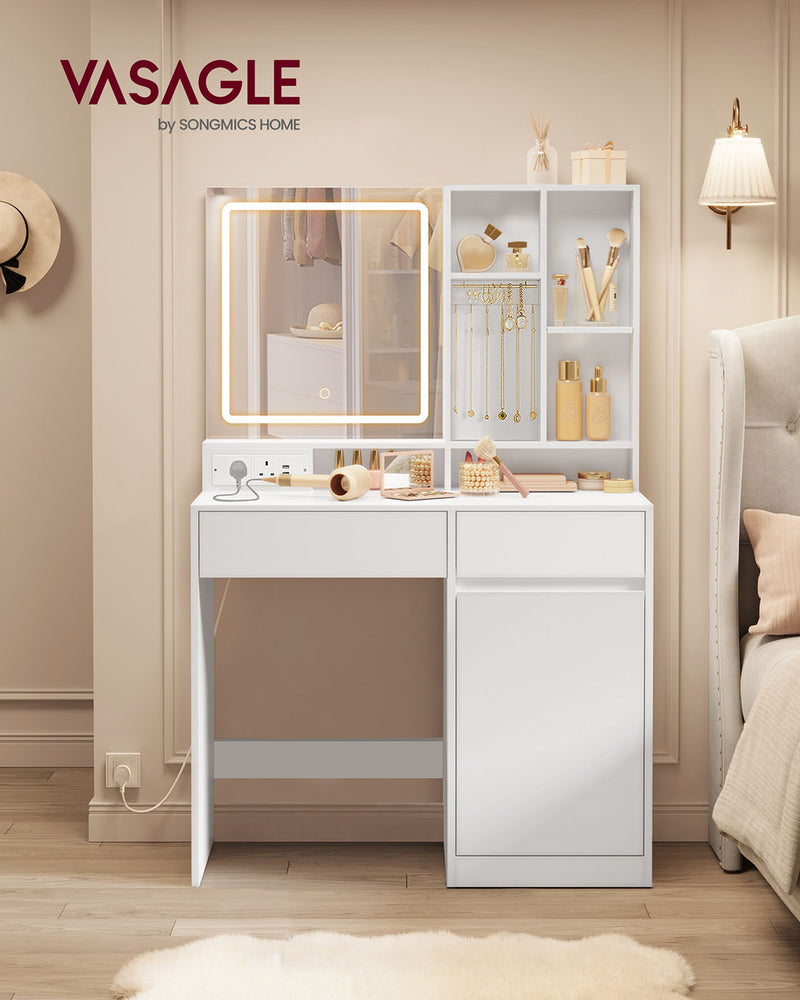 White Dressing Table with Mirror LED Lights and Power Outlets 90 cm Wide by Vasagle