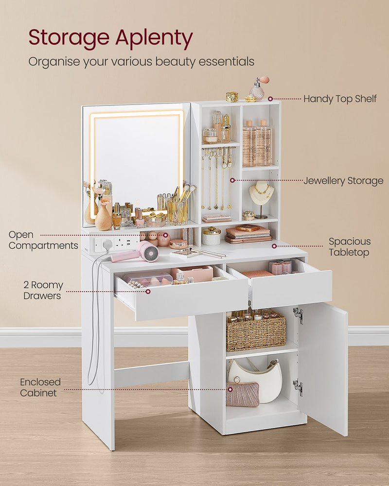 White Dressing Table with Mirror LED Lights and Power Outlets 90 cm Wide by Vasagle