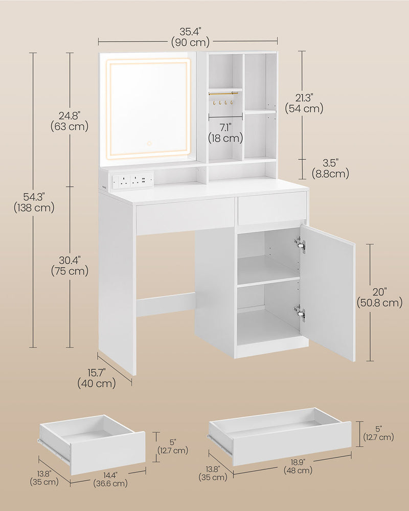 White Dressing Table with Mirror LED Lights and Power Outlets 90 cm Wide by Vasagle