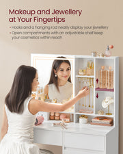 White Dressing Table with Mirror LED Lights and Power Outlets 90 cm Wide by Vasagle