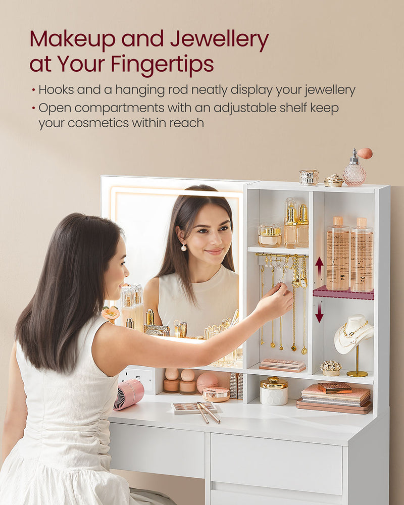 White Dressing Table with Mirror LED Lights and Power Outlets 90 cm Wide by Vasagle