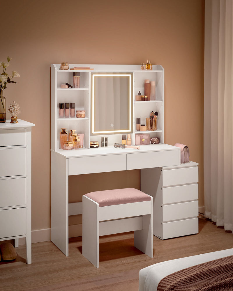 White Dressing Table with LED Lights and Storage Drawers for Bedroom by Vasagle