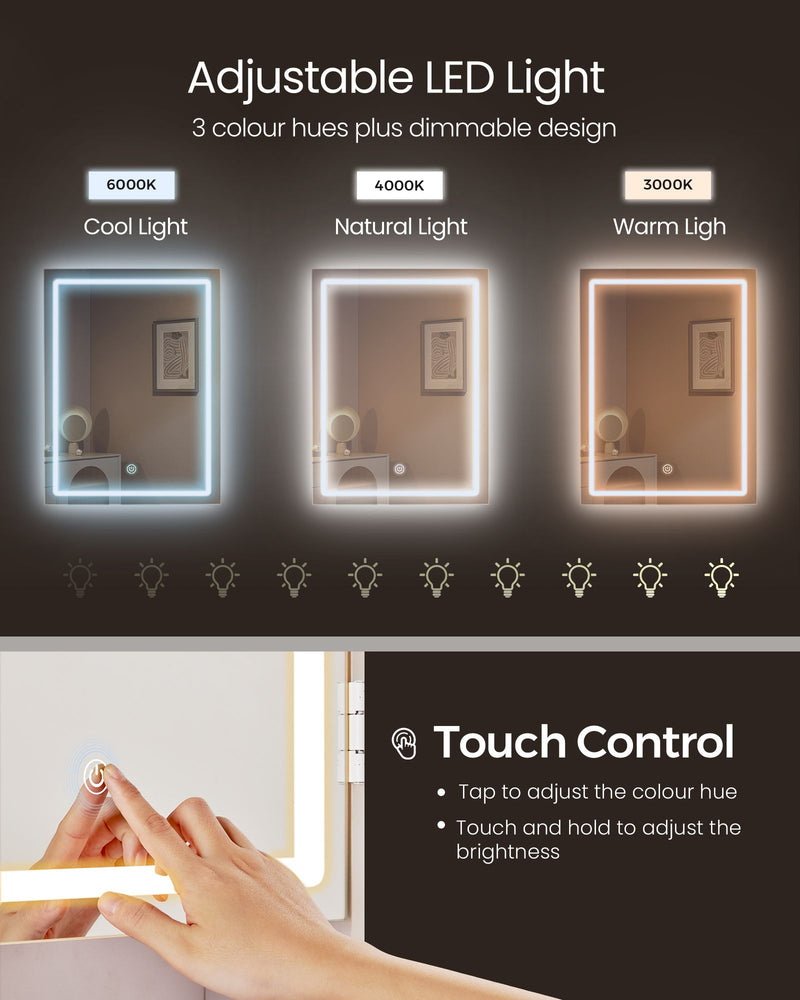 White Dressing Table with LED Lights and Storage Drawers for Bedroom by Vasagle