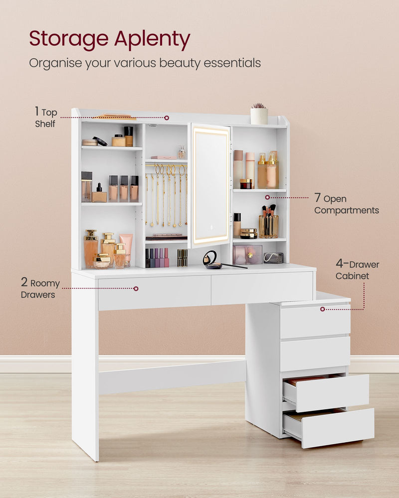 White Dressing Table with LED Lights and Storage Drawers for Bedroom by Vasagle