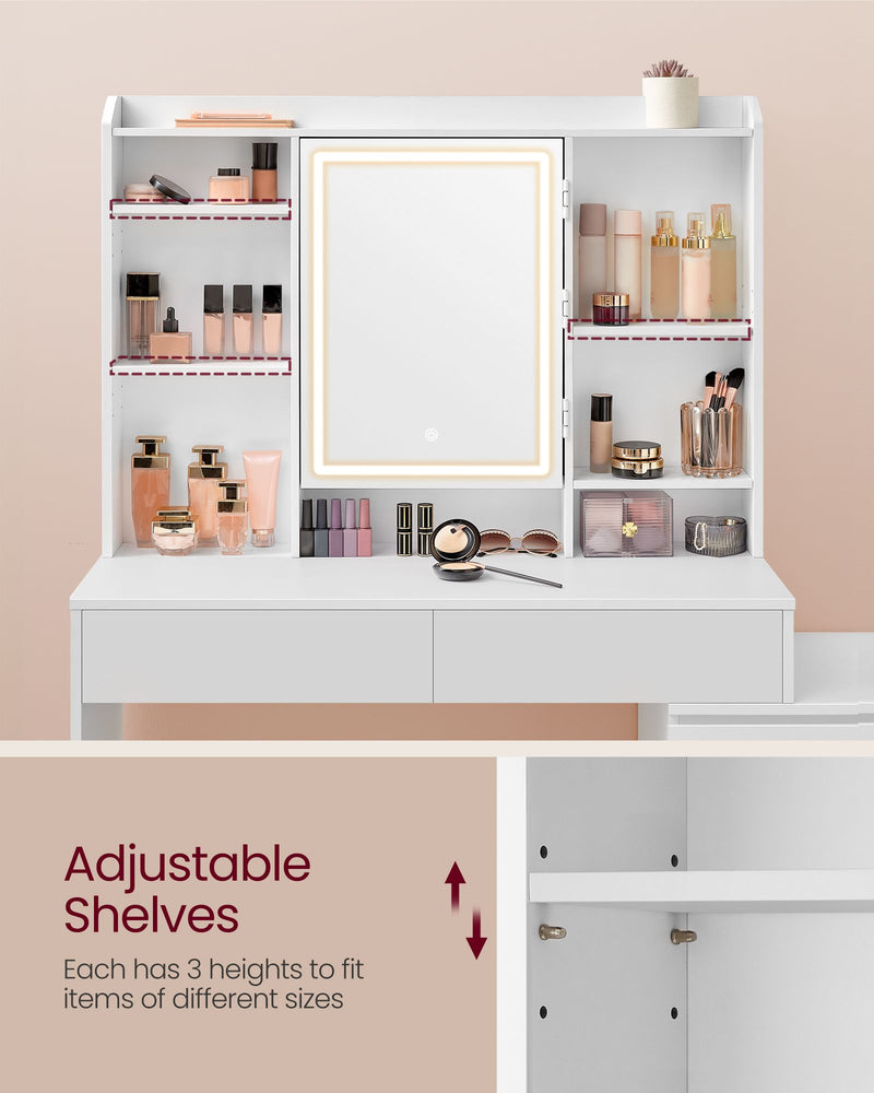 White Dressing Table with LED Lights and Storage Drawers for Bedroom by Vasagle