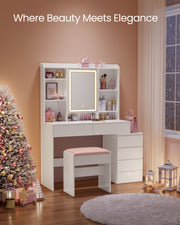 White Dressing Table with LED Lights and Storage Drawers for Bedroom by Vasagle