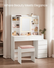 White Dressing Table with LED Lights and Storage Drawers for Bedroom by Vasagle
