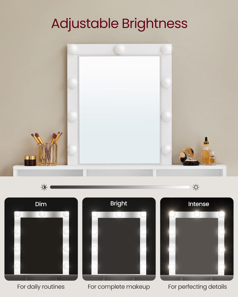 White Dressing Table with LED Mirror and Adjustable Brightness Lighting by Vasagle
