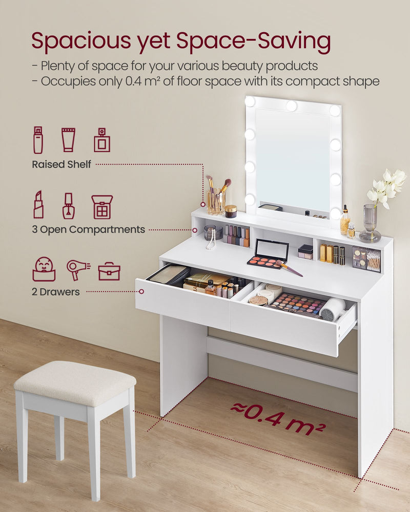 White Dressing Table with LED Mirror and Adjustable Brightness Lighting by Vasagle