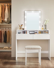 White Dressing Table with LED Mirror and Adjustable Brightness Lighting by Vasagle