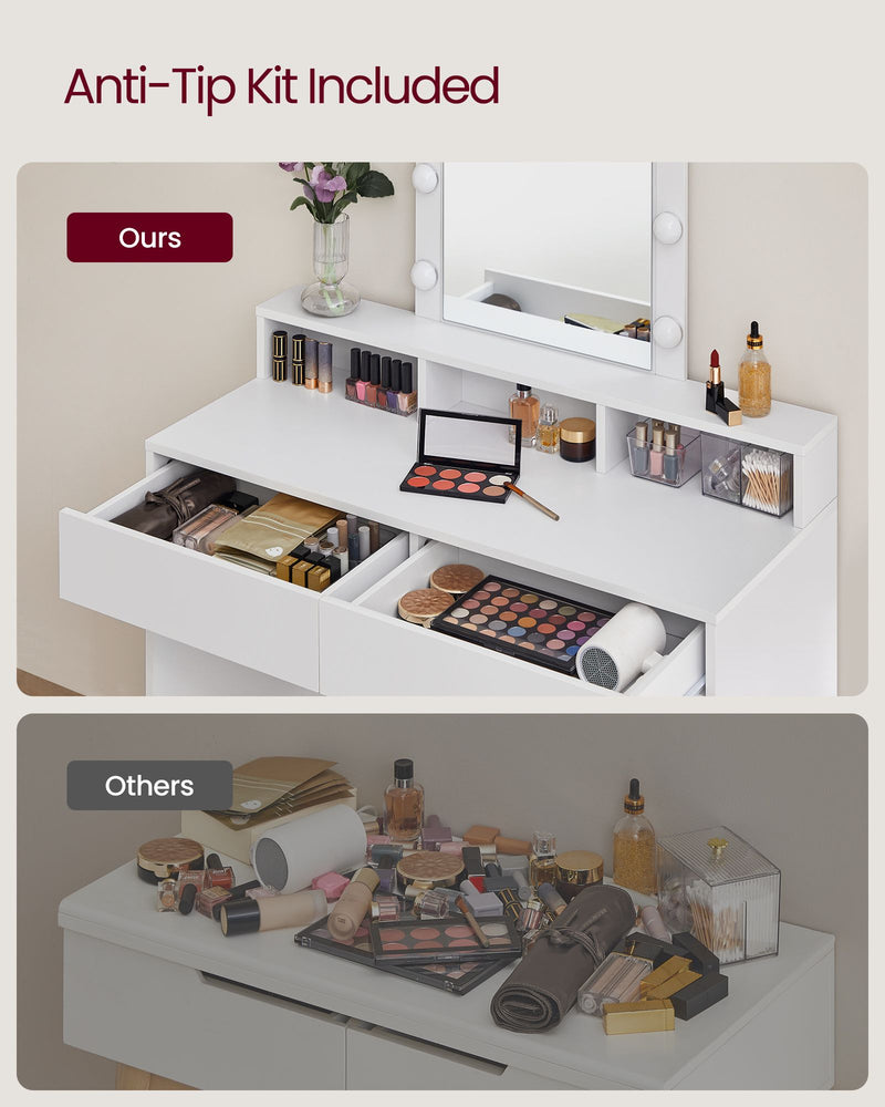 White Dressing Table with LED Mirror and Adjustable Brightness Lighting by Vasagle