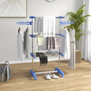 Folding Three Tier Clothes Airer With Side Arms And Wheels For Indoor Drying, Blue