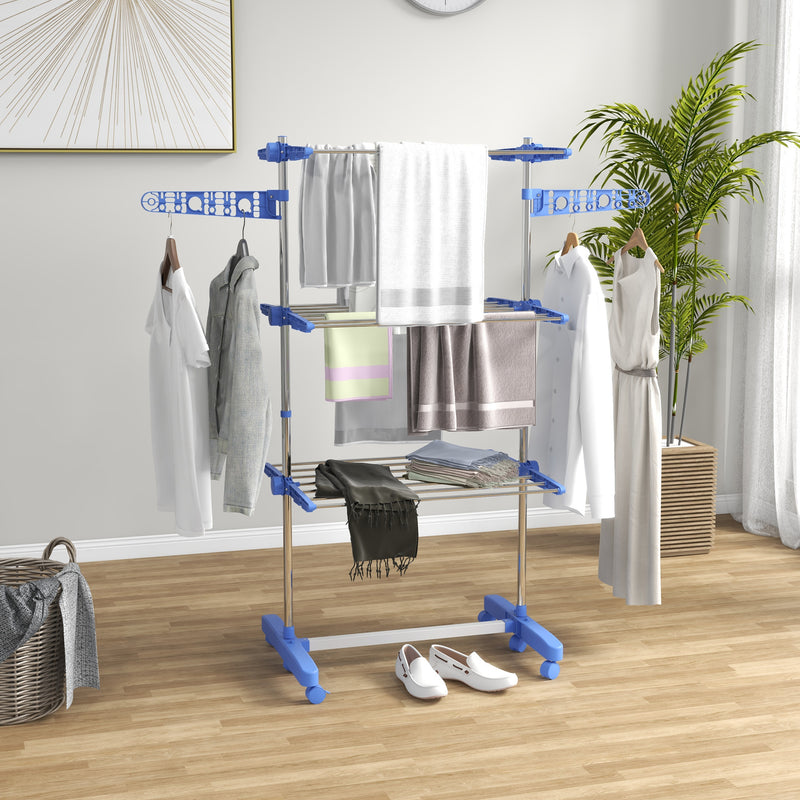 Folding Three Tier Clothes Airer With Side Arms And Wheels For Indoor Drying, Blue