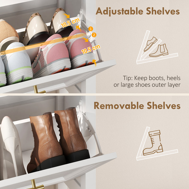 Slim Shoe Storage Cabinet for Narrow Hallways with 2 Flip Drawers and Top Drawer, White Homcom