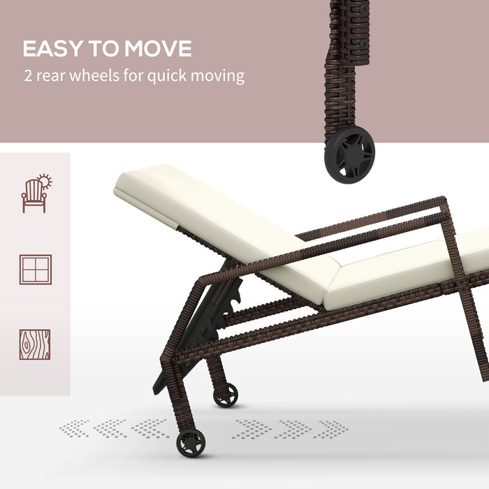 Set of 2 Cream White Rattan Sun Loungers with Adjustable Backrest and Wheels for Garden