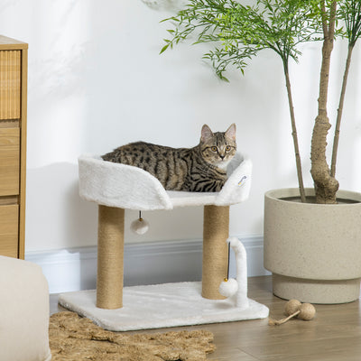 Indoor Cat Tree with Jute Scratching Post and Hanging Toy Balls for Play, White