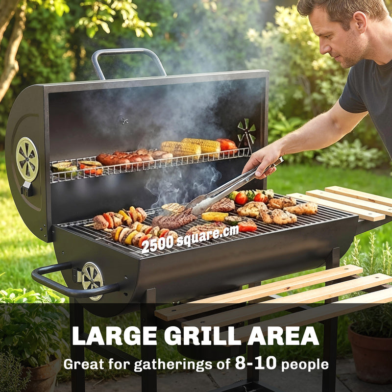 Barrel Charcoal BBQ Grill for Easy Outdoor Cooking with Large Cooking Area and Storage Black Outsunny