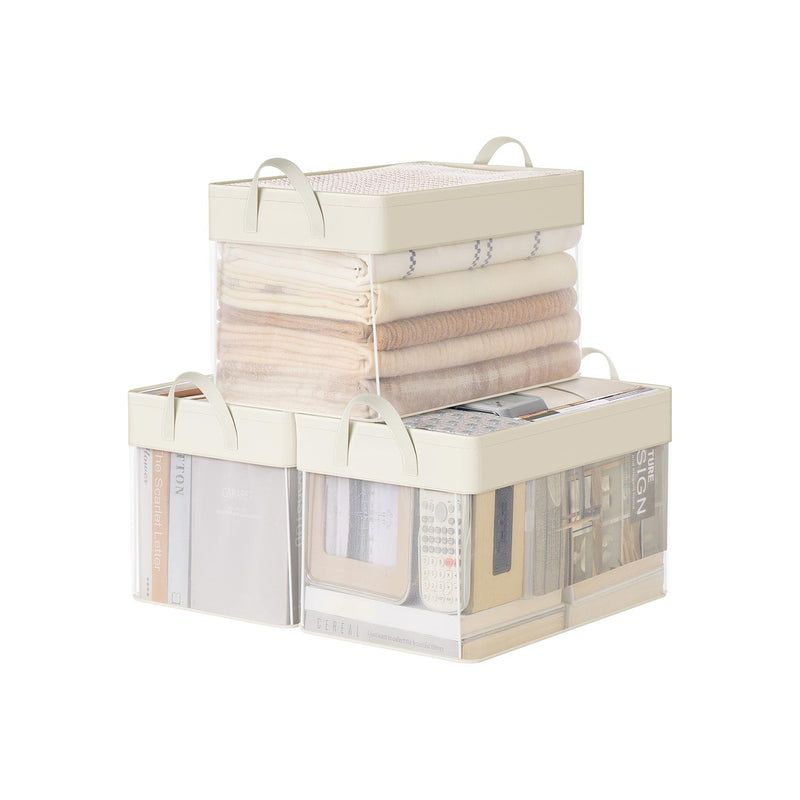 Set of 3 Large Cream White Fabric Storage Bins 50x30x30 cm Foldable Organizers by SONGMICS