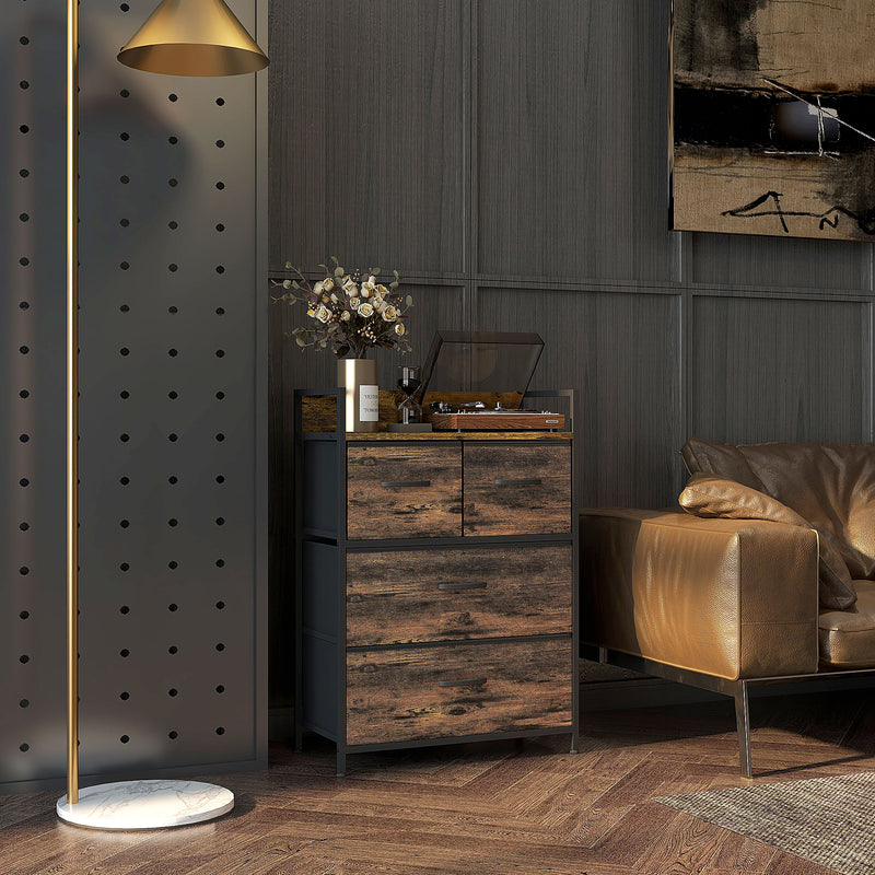 Industrial Chest of 4 Fabric Storage Drawers with Wooden Frame for Bedroom or Hallway Rustic Brown