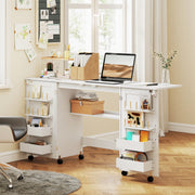 Folding Sewing Table with Storage and Wheels for Compact Home Craft Spaces White AOSOM