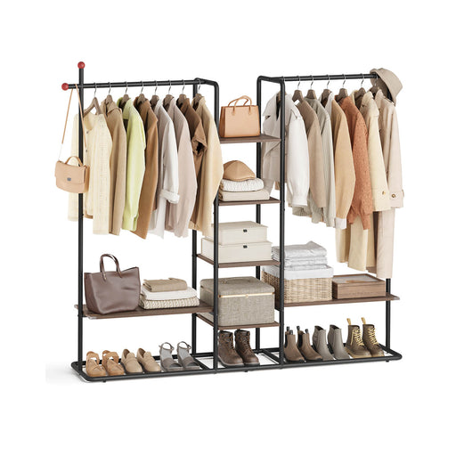 Clothes Rail with 6 Storage Shelves and 2 Hanging Rails in Walnut and Black by Songmics Home