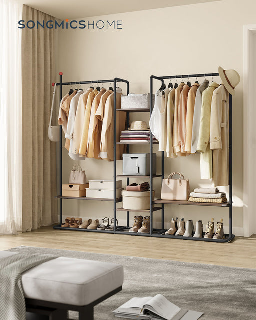 Clothes Rail with 6 Storage Shelves and 2 Hanging Rails in Walnut and Black by Songmics Home