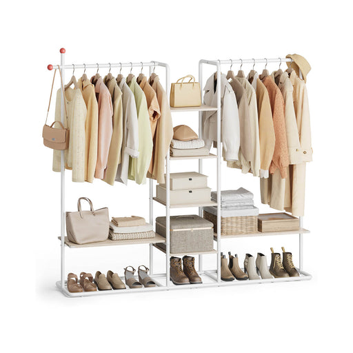 Freestanding Clothes Rail with 6 Shelves and 2 Hanging Rails Natural Beige and White by Songmics