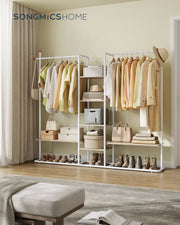 Freestanding Clothes Rail with 6 Shelves and 2 Hanging Rails Natural Beige and White by Songmics