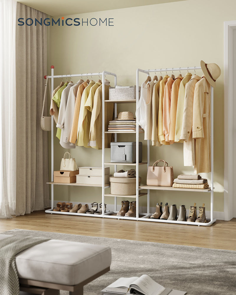 Freestanding Clothes Rail with 6 Shelves and 2 Hanging Rails Natural Beige and White by Songmics