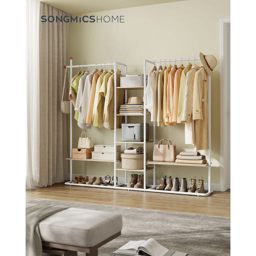 Freestanding Clothes Rail with 6 Shelves and 2 Hanging Rails Natural Beige and White by Songmics