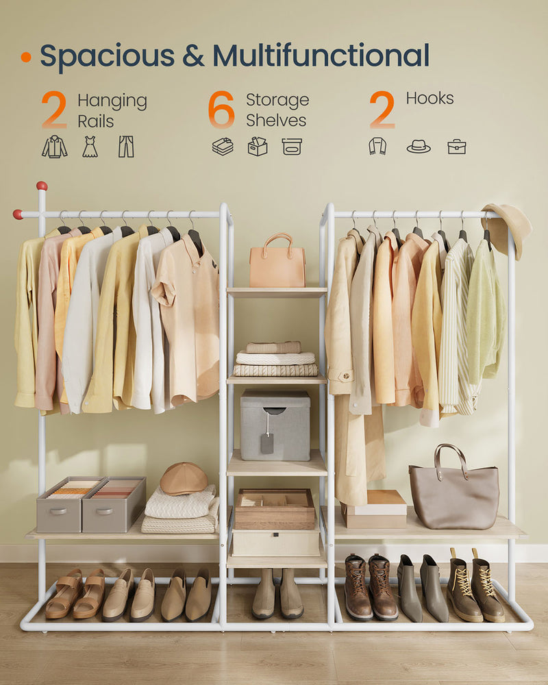 Freestanding Clothes Rail with 6 Shelves and 2 Hanging Rails Natural Beige and White by Songmics