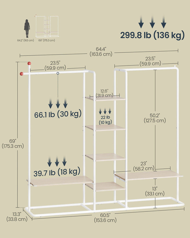Freestanding Clothes Rail with 6 Shelves and 2 Hanging Rails Natural Beige and White by Songmics