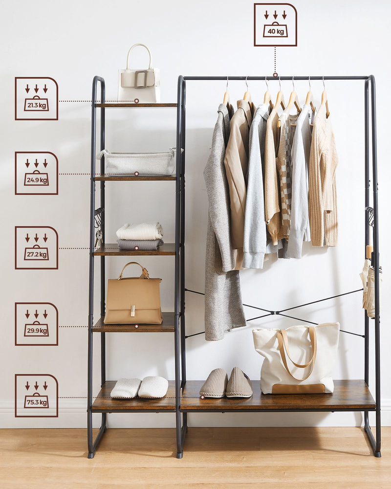 Rustic Brown Clothes Rail with Black Frame and Storage Shelves for Bedroom by Vasagle