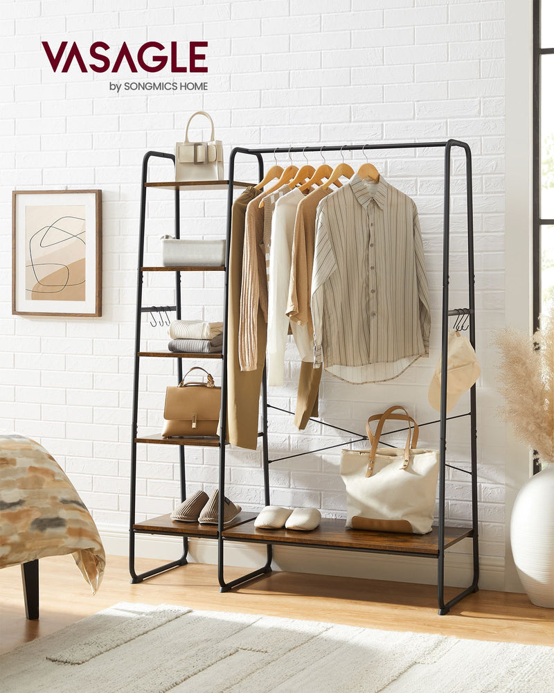 Rustic Brown Clothes Rail with Black Frame and Storage Shelves for Bedroom by Vasagle