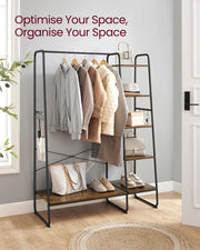 Rustic Brown Clothes Rail with Black Frame and Storage Shelves for Bedroom by Vasagle