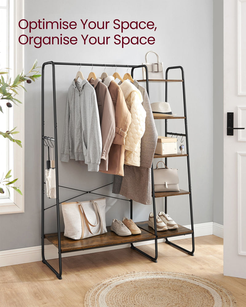 Rustic Brown Clothes Rail with Black Frame and Storage Shelves for Bedroom by Vasagle
