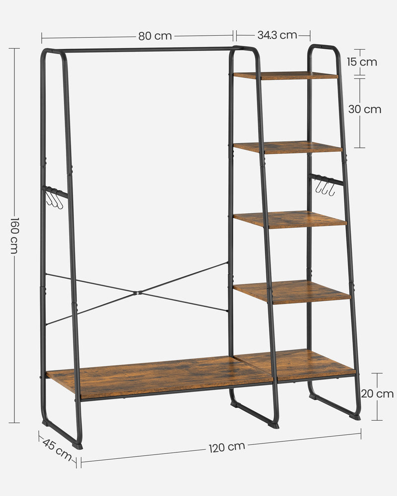 Rustic Brown Clothes Rail with Black Frame and Storage Shelves for Bedroom by Vasagle