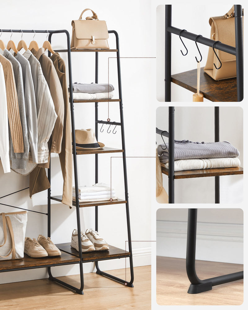 Rustic Brown Clothes Rail with Black Frame and Storage Shelves for Bedroom by Vasagle