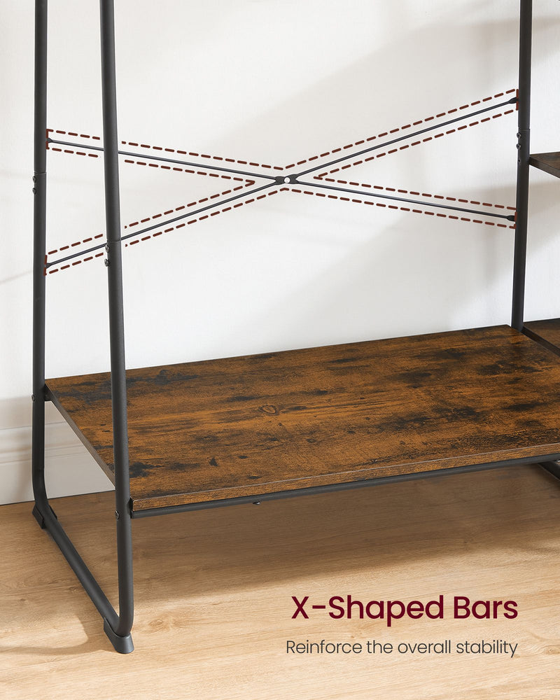 Rustic Brown Clothes Rail with Black Frame and Storage Shelves for Bedroom by Vasagle